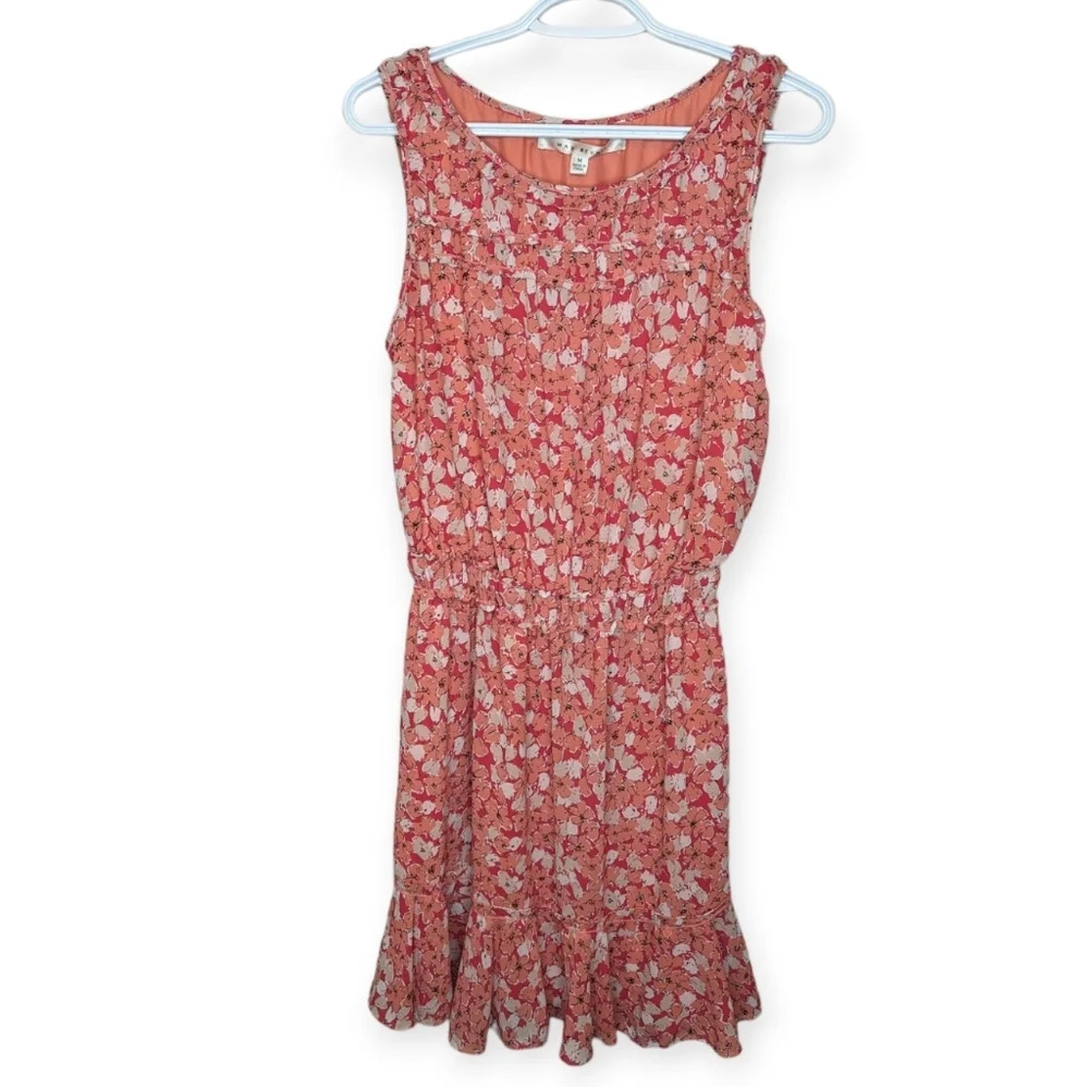 Max Studio Pink Coral White Floral Stretch Waist Dress Women Medium